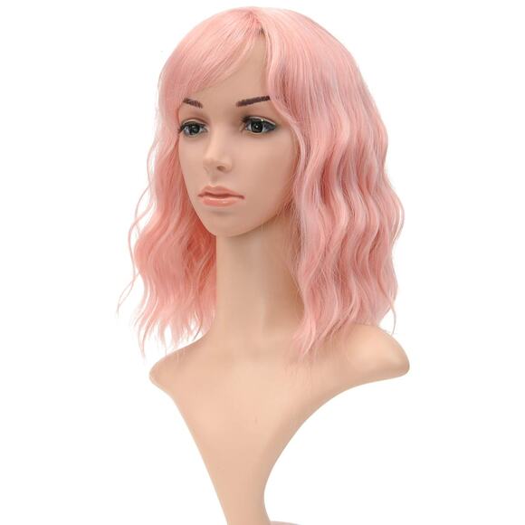 Women's Short Lovely Pink Wigs Curly Wavy Shoulder Length Pastel Bob - Picture 1 of 3